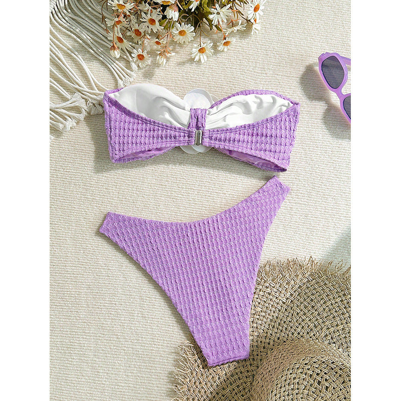 Damen Bandeau-Bikini mit dekorativen Blumendetails und hohem Beinausschnitt Drune