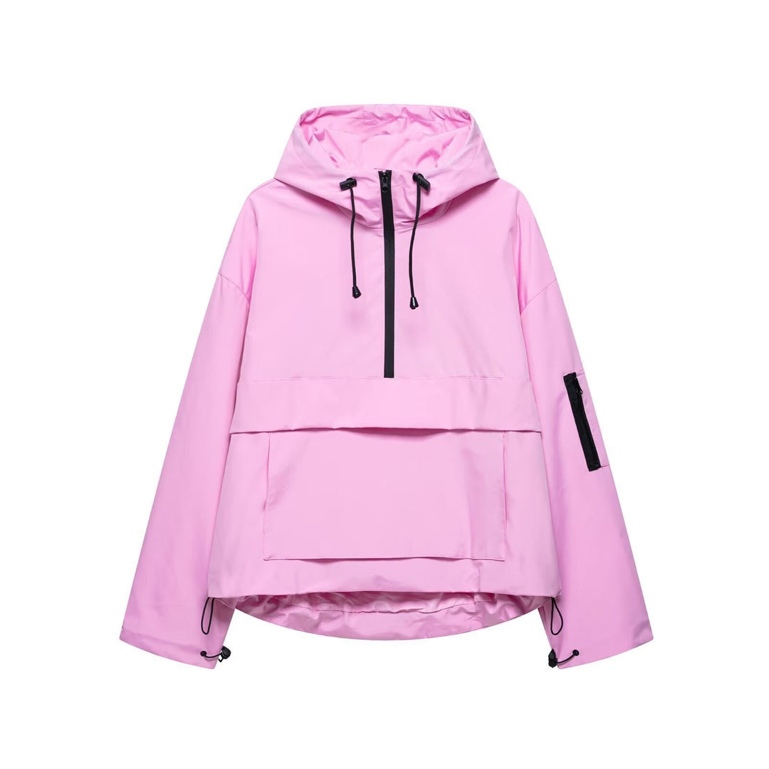 Damen nan winddichter Oversize Anorak mit Halbzip, Kängurutasche und verstellbarer Kapuze Drune