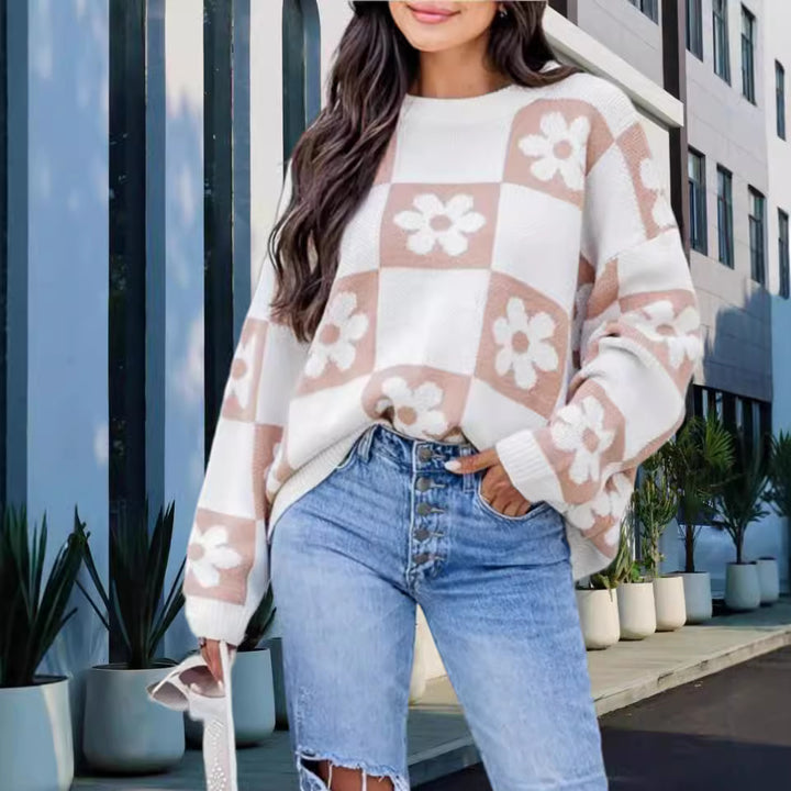 Damen Oversized Strickpullover mit floralem Muster und lässigem Schnitt Drune