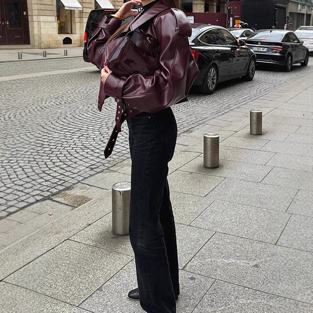 Damen Oversize Kunstlederjacke mit markantem Kragen und strukturiertem Design Drune