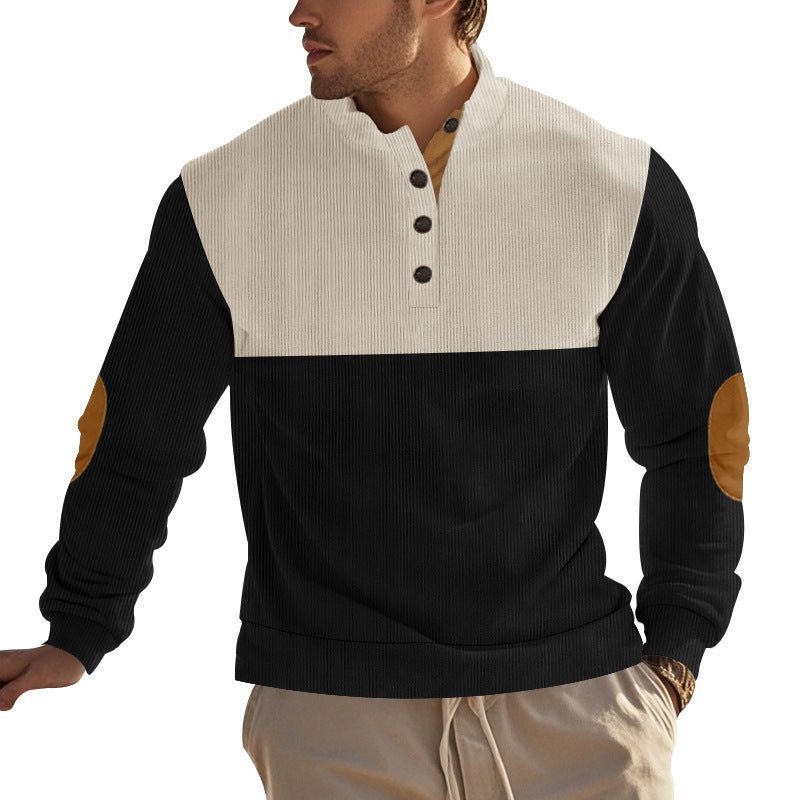 Herren nan Rippenstrickpullover mit Stehkragen Knopfleiste und Leder-Ellbogenpatches Drune