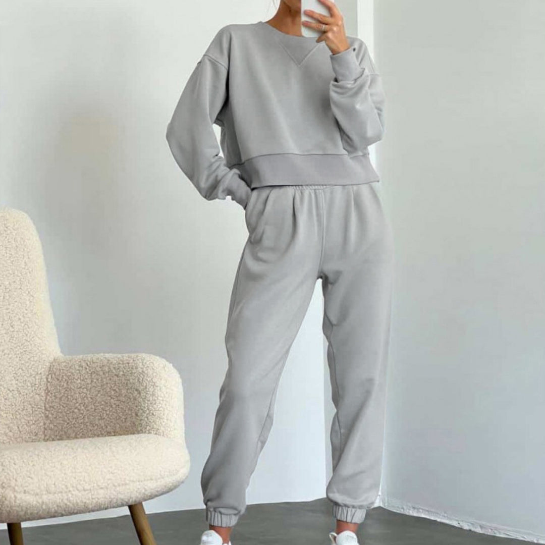 Damen nan Cropped-Sweater-Set mit V-Nahtdetail und hoher Taille Jogginghose Drune