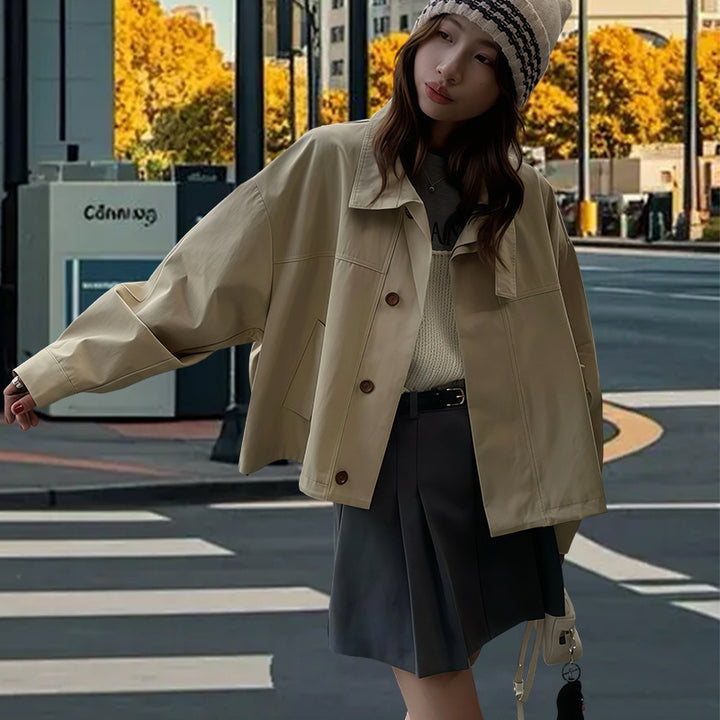 Damen modische Kurzjacke mit innovativem Kragen und dekorativen Knöpfen Drune