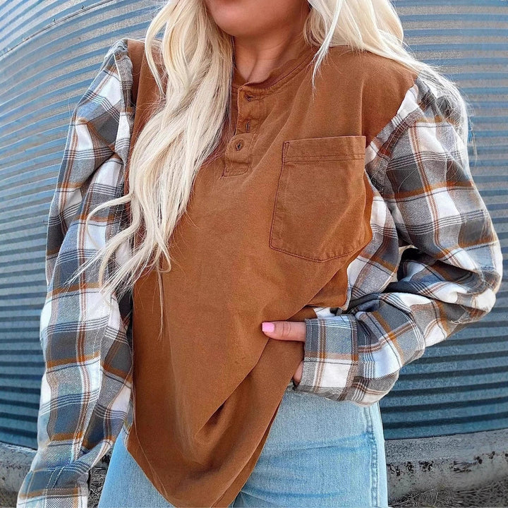 Damen Langarmshirt mit karierten Ärmeln Drune