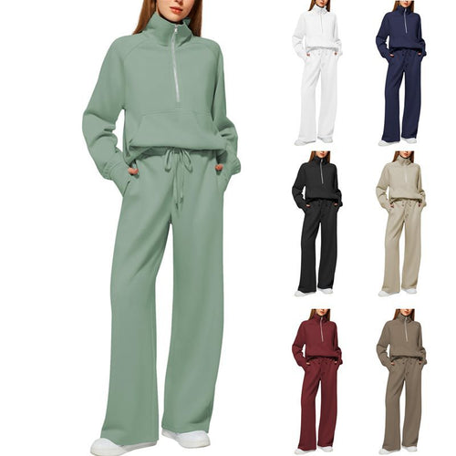 DamenSportliches Sweatshirt-Set mit hoher Kragen und weiten Beinen Drune