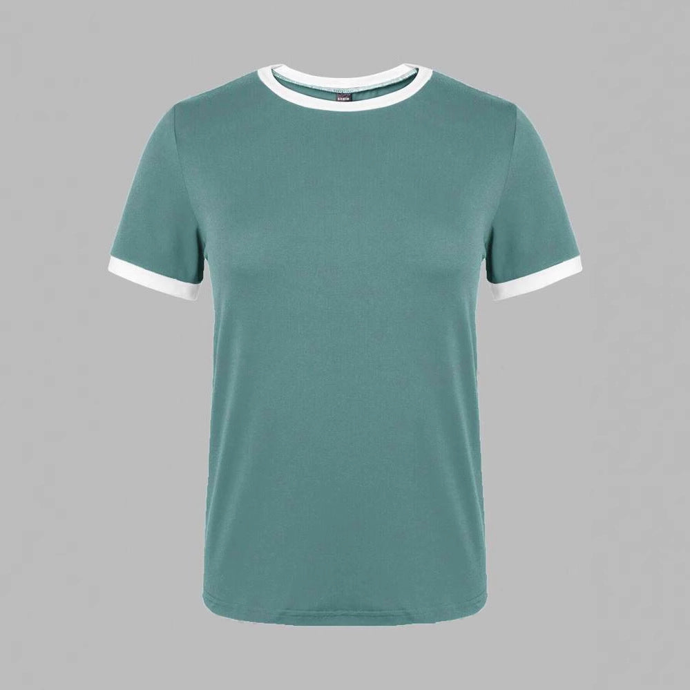 Damen lässiges T-Shirt mit kontrastierendem Rundhalsausschnitt und bequemer Passform Drune