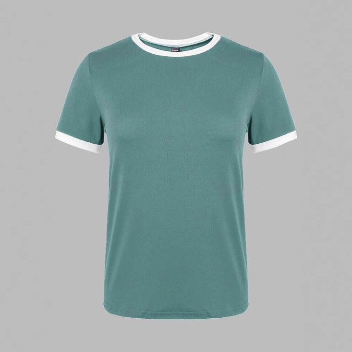 Damen lässiges T-Shirt mit kontrastierendem Rundhalsausschnitt und bequemer Passform Drune