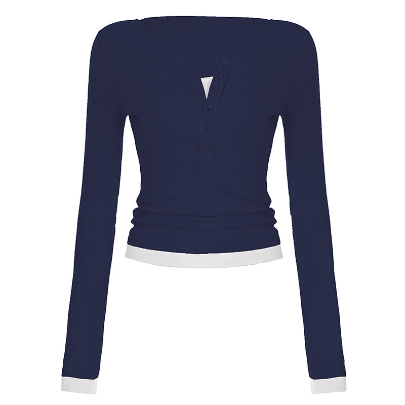 Damen nan tailliertes Henley-Crop-Longsleeve mit kontrastierenden Saum- und Ärmelbündchen Drune
