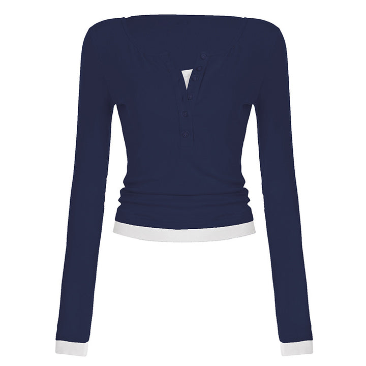 Damen nan tailliertes Henley-Crop-Longsleeve mit kontrastierenden Saum- und Ärmelbündchen Drune