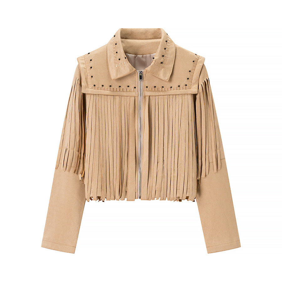 Damen Fransenjacke mit dekorativen Nieten und Reißverschluss Drune