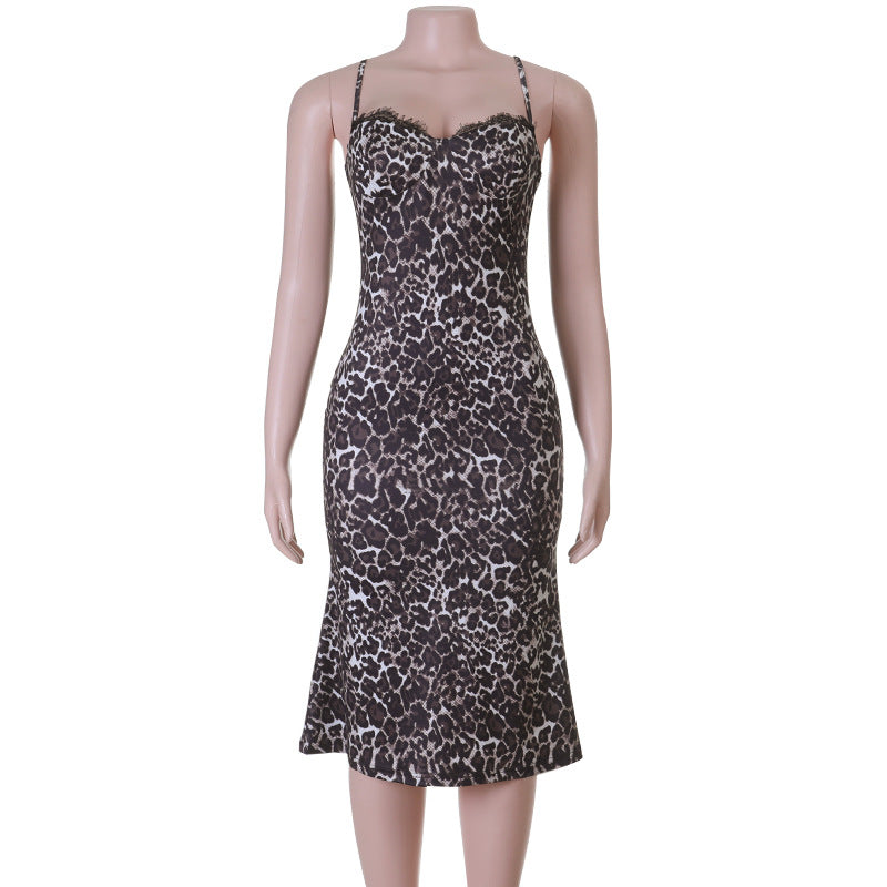 Damen figurbetontes Minikleid mit Leopardenmuster und elegantem Herz-Ausschnitt Drune