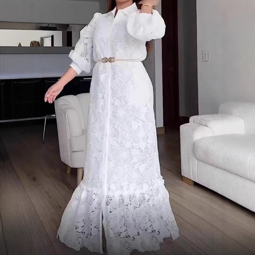Damen Elegantes Spitzenmaxikleid mit voluminösen Ärmeln Drune