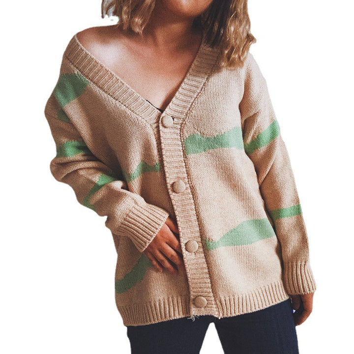 Damen gestreifte Strickjacke mit Knopfverschluss und weitem Schnitt Drune