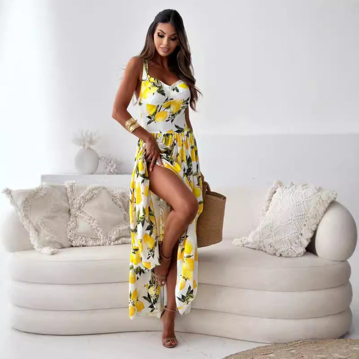 Damen Zitronenprint Maxikleid Drune