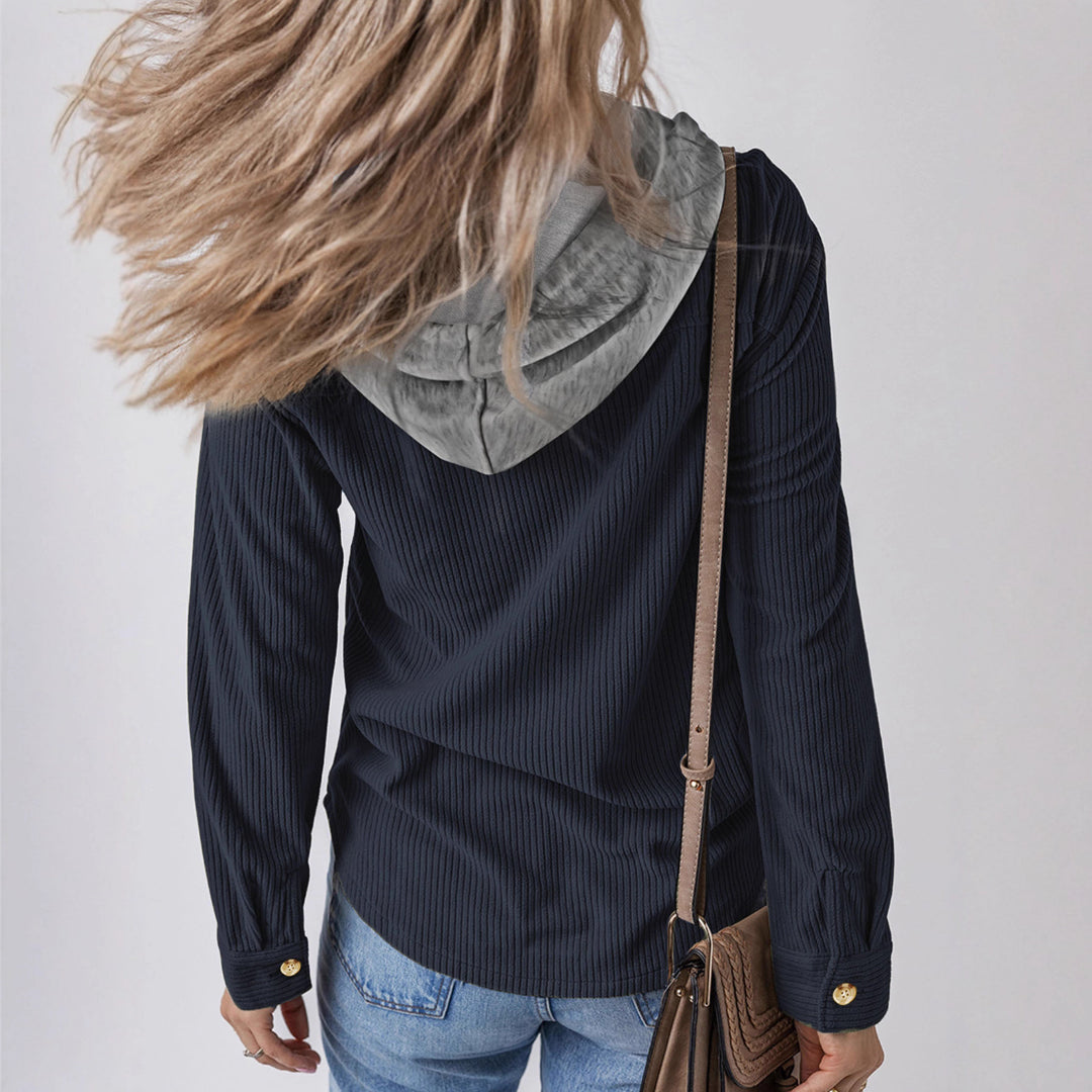 Damen gestreifte Hemdjacke mit Kapuze und praktischen Taschen Drune