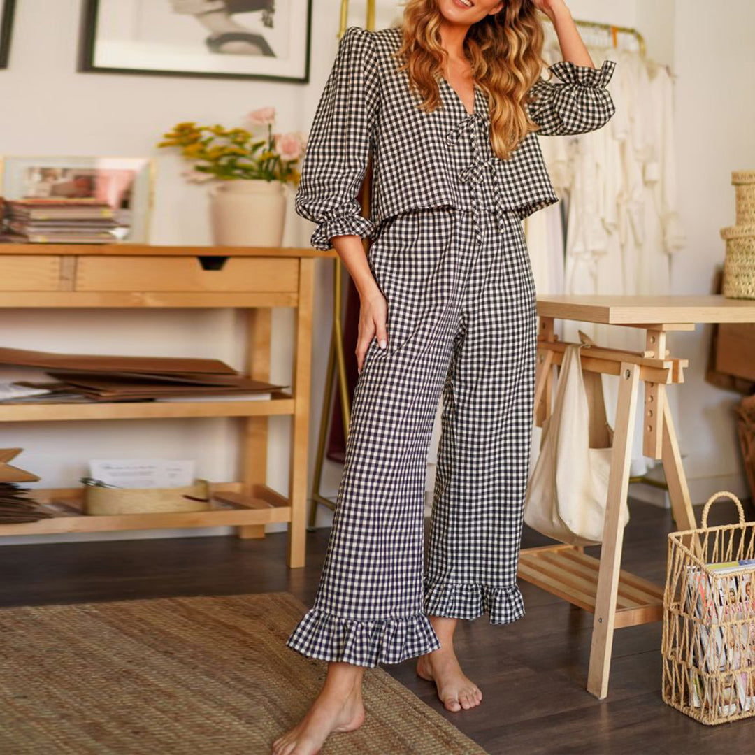 Damen Karierter Pyjamaanzug mit Rüschendetails Drune