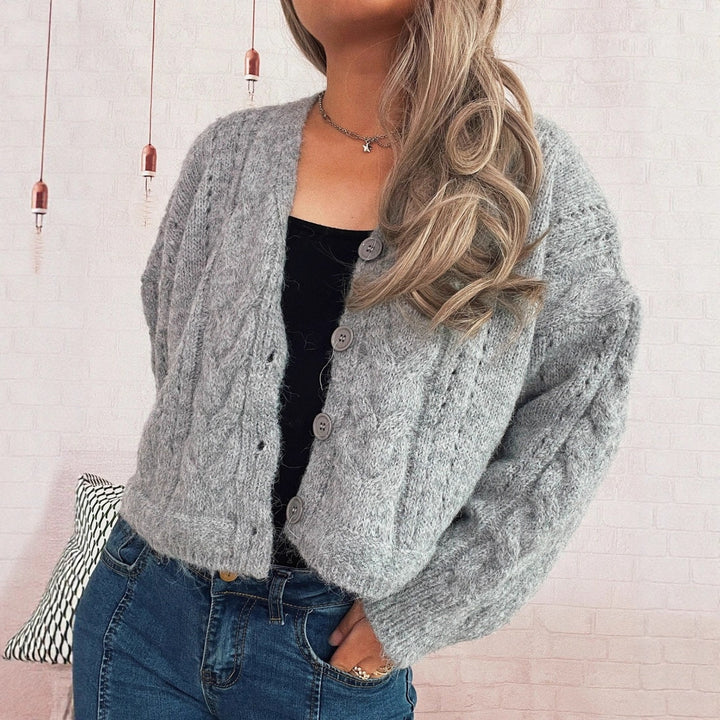 Damen kuschelige Strickjacke mit tiefem V-Ausschnitt und volumetrischen Ärmeln Drune