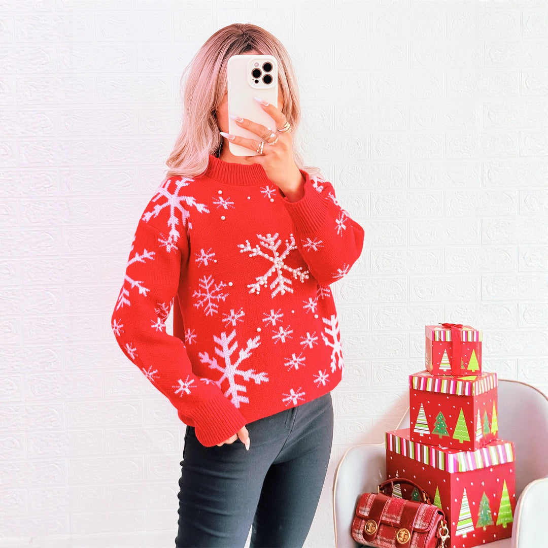 Damen Weihnachts-Pullover mit festlichem Schneemuster und hohem Kragen Drune
