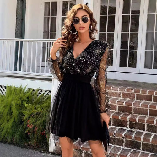 Damen Glamouröses Cocktailkleid mit glitzerndem Oberteil und transparenten Ärmeln Drune