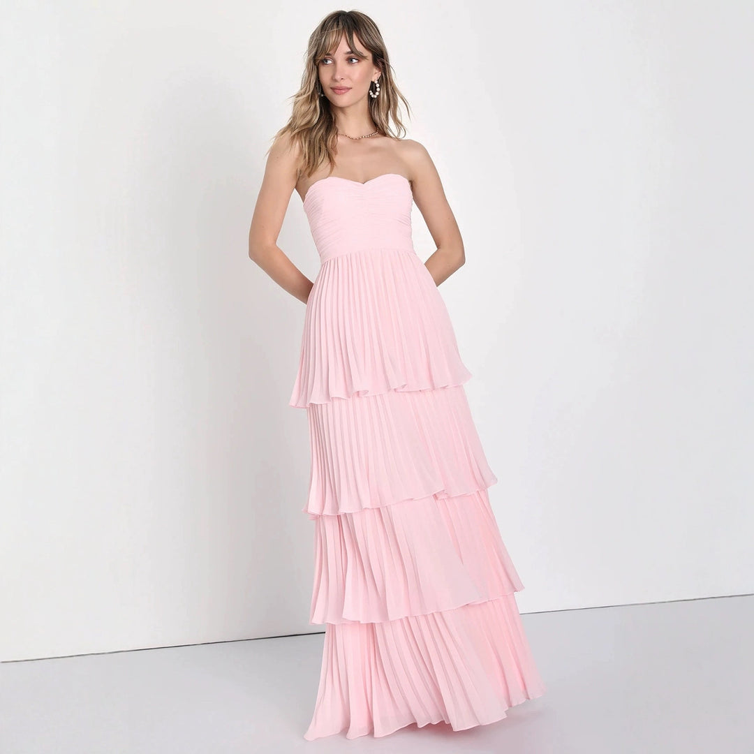 Damen Festliches Maxikleid mit schichtweisem Faltenrock und herzförmigem Ausschnitt Drune