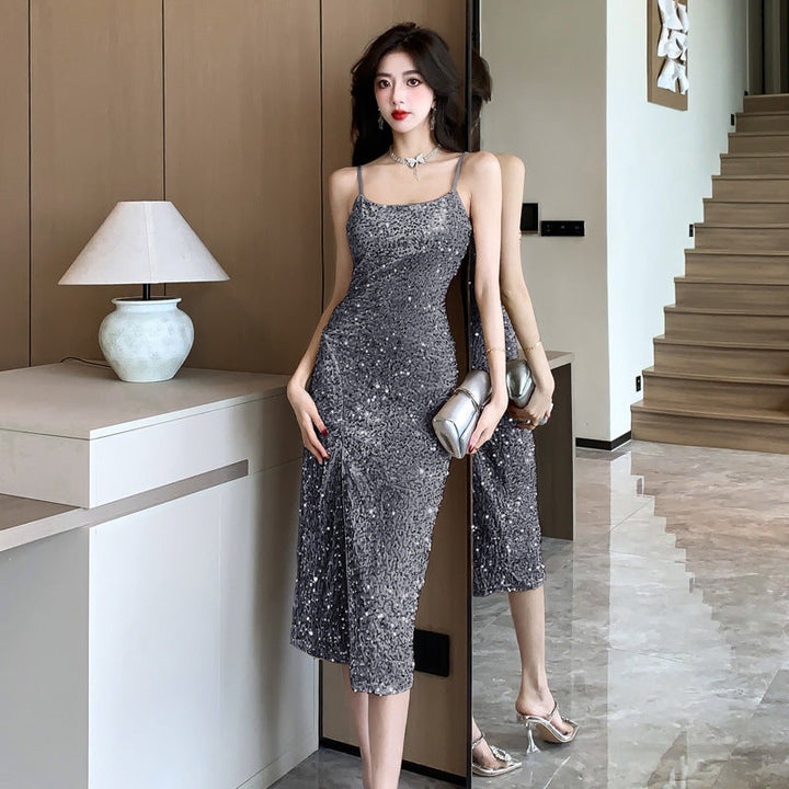 Drune | Spaghetti-Träger Heller Glänzender Leichter Luxus Abendkleid