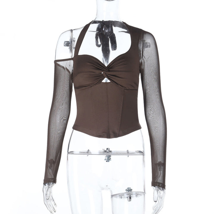 Damen stilvolles Bustier-Top mit langen transparenten Ärmeln und Knotendetail Drune