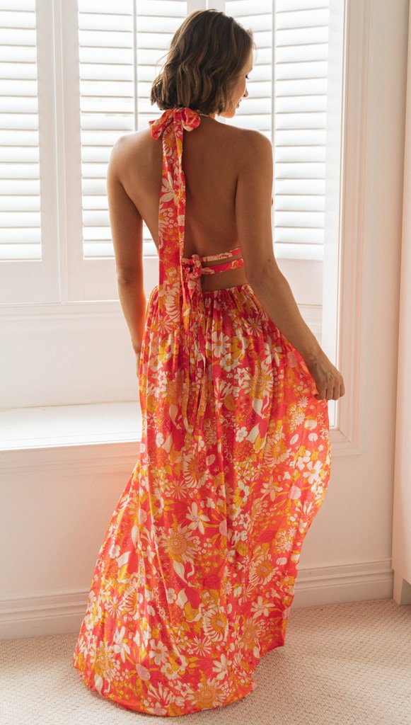 Damen Maxikleid mit floralem Design und tiefem V-Ausschnitt Drune