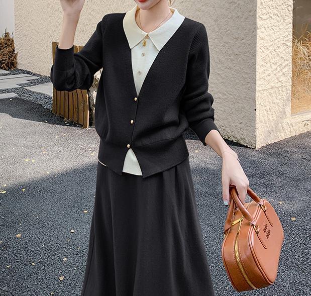 Damen Strickensemble mit eleganter Blusenoptik und weitem Rock Drune
