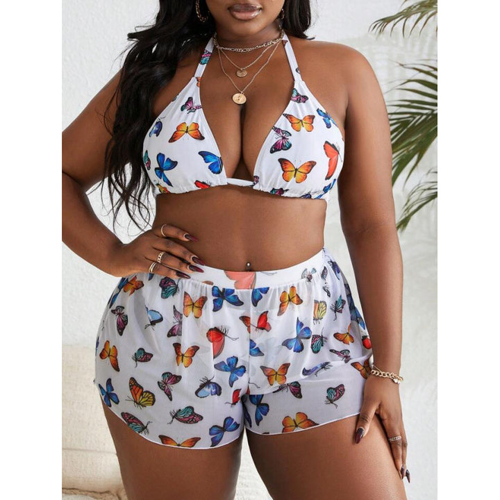 Damen Bikiniset mit modischen Shorts und buntem Schmetterlingsdesign Drune