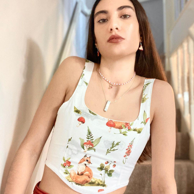Damen Crop Top mit kunstvollem Flora-Design und verstellbaren Trägern Drune