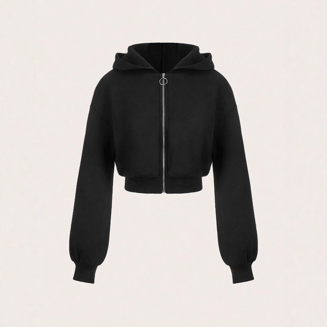 Damen cropped Hoodie mit innovativem Reißverschluss und voluminösen Ärmeln Drune