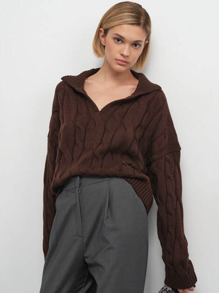 Damen Hoher Kragen Strickpullover mit Zopfmuster Drune