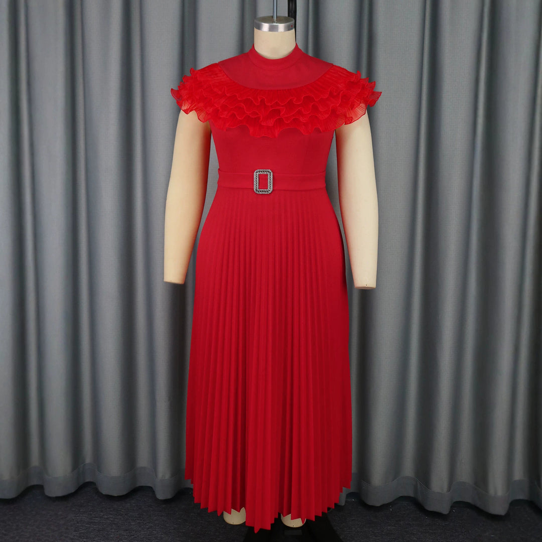 Damen plissiertes Abendkleid mit Volant-Ausschnitt und Taillengürtel Drune