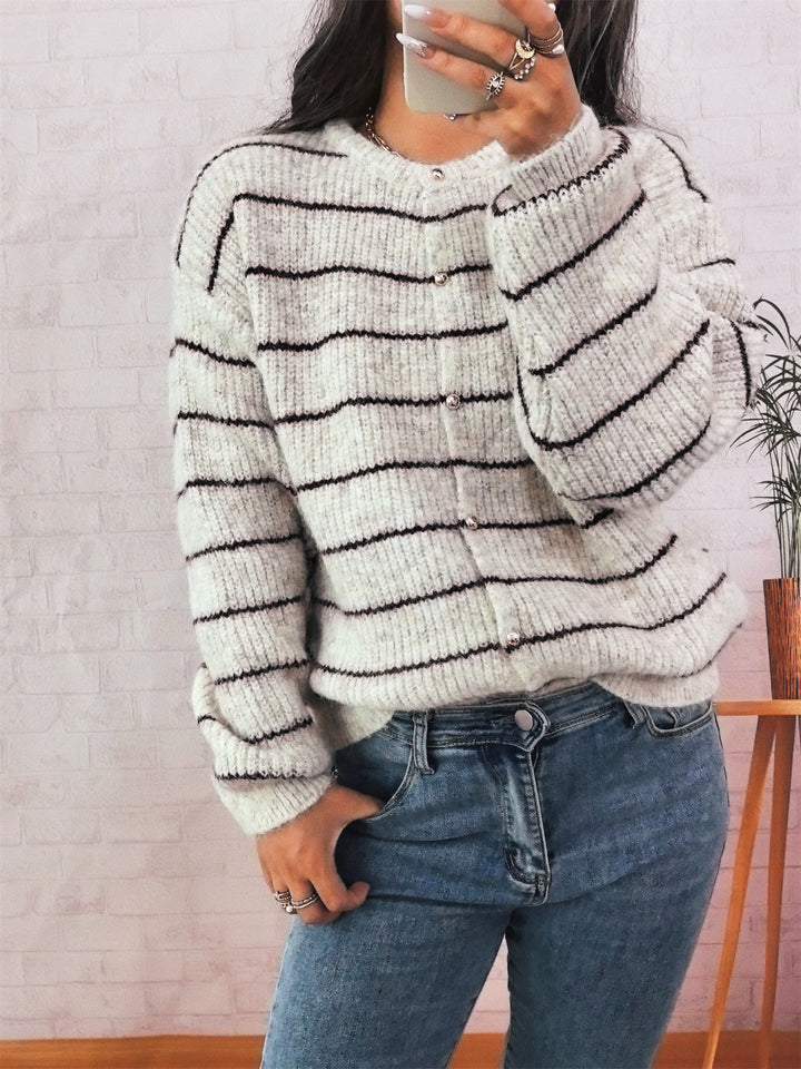 Damen gemütlicher Strickcardigan mit dekorativen Knöpfen und feinem Streifenmuster Drune