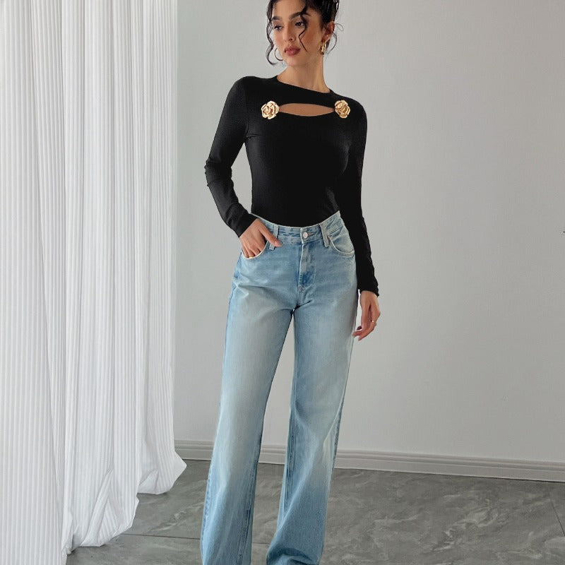 Damen Elegantes Langarm-Bodysuit mit dekorativen Blumenakzenten Drune