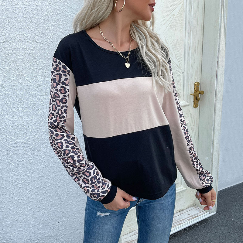 Damen gestreiftes Sweatshirt mit Leopardenärmeln und modernem Schnitt Drune
