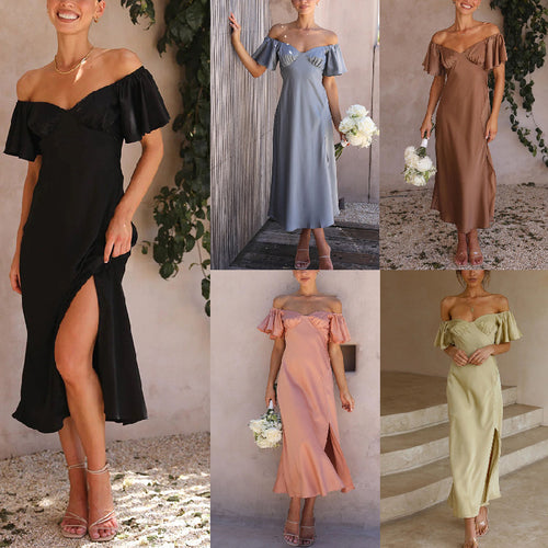 Damen Off-Shoulder Midi-Kleid mit voluminösen Ärmeln und eleganten Akzenten Drune
