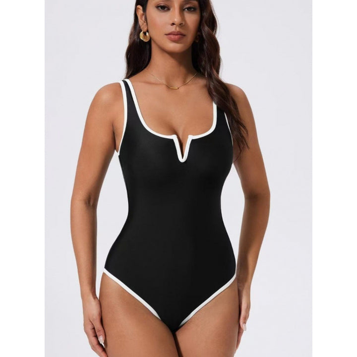 Damen Einteiliger Badeanzug mit tiefem V-Ausschnitt und kontrastierenden Details Drune