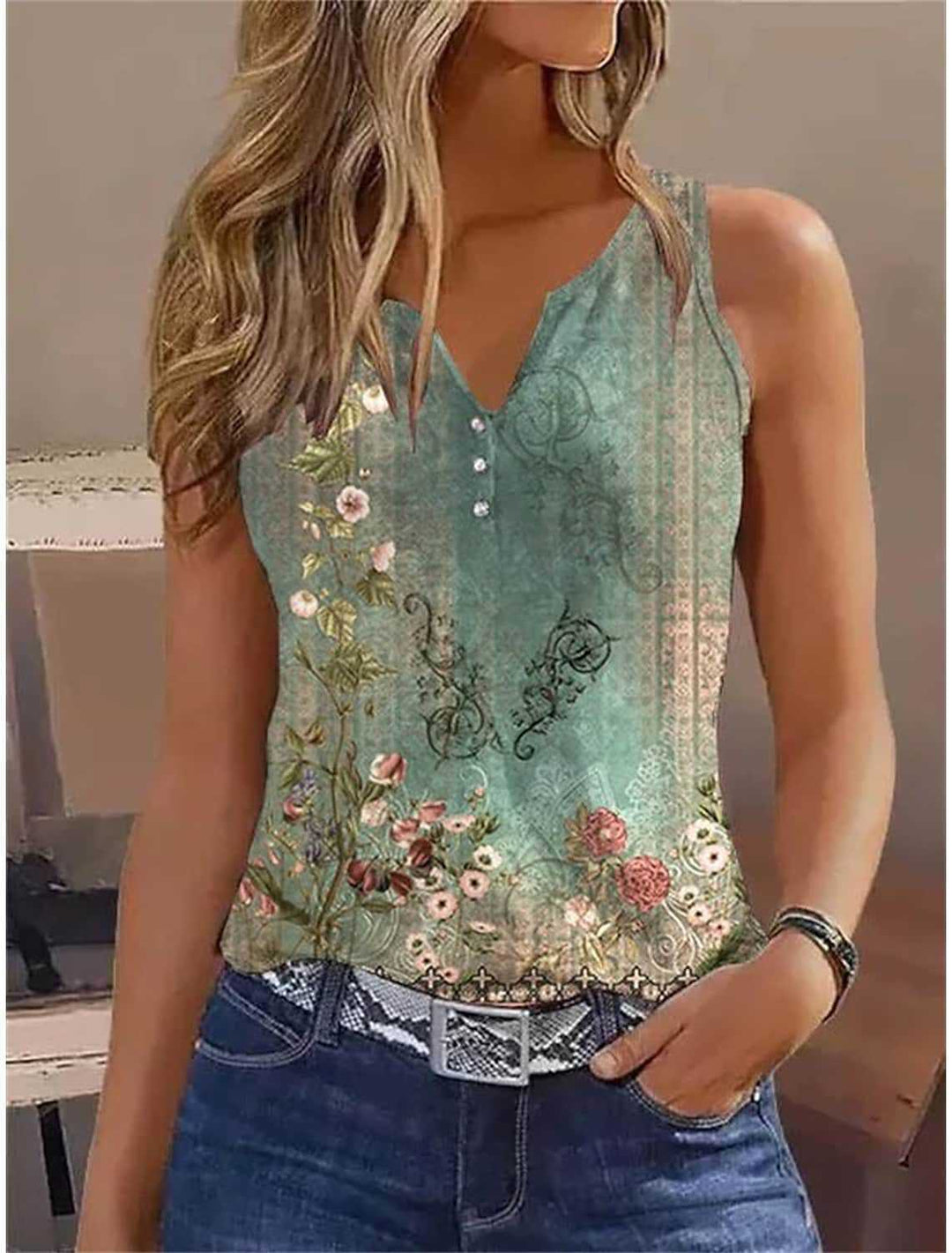 Damen ärmelloses Designoberteil mit floralen Akzenten und Knopfleiste Drune