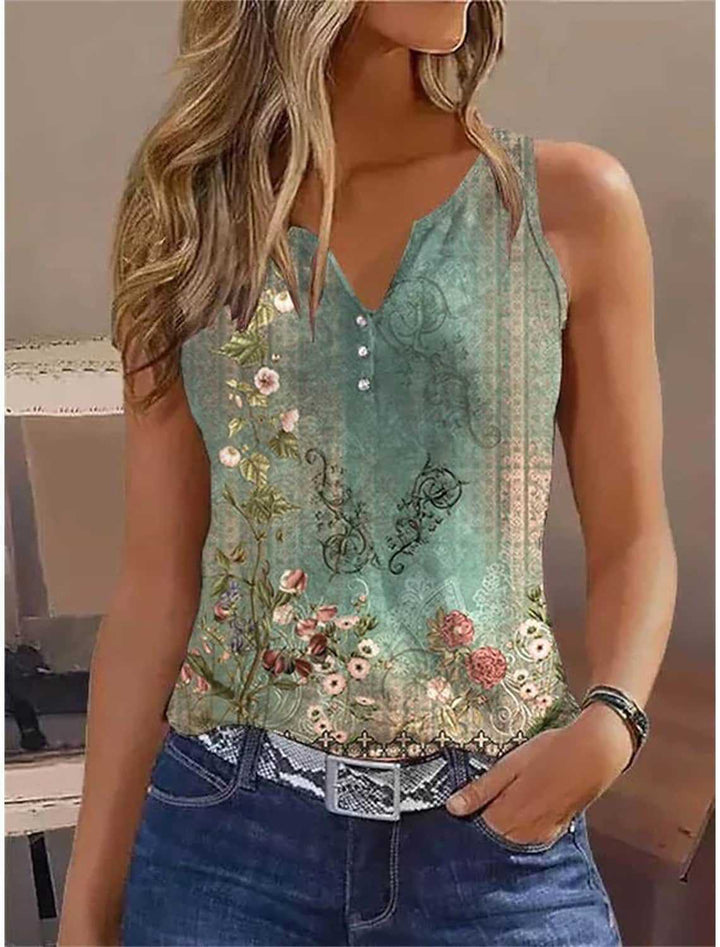 Damen ärmelloses Designoberteil mit floralen Akzenten und Knopfleiste Drune