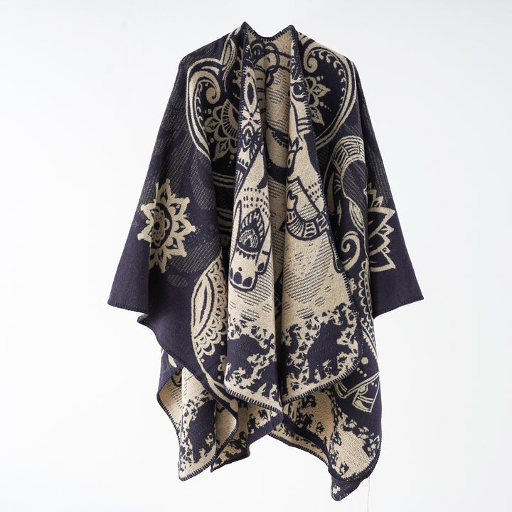 Damen eleganter Übergang-Poncho mit kunstvollem floralen Muster und fransigen Abschlüssen Drune