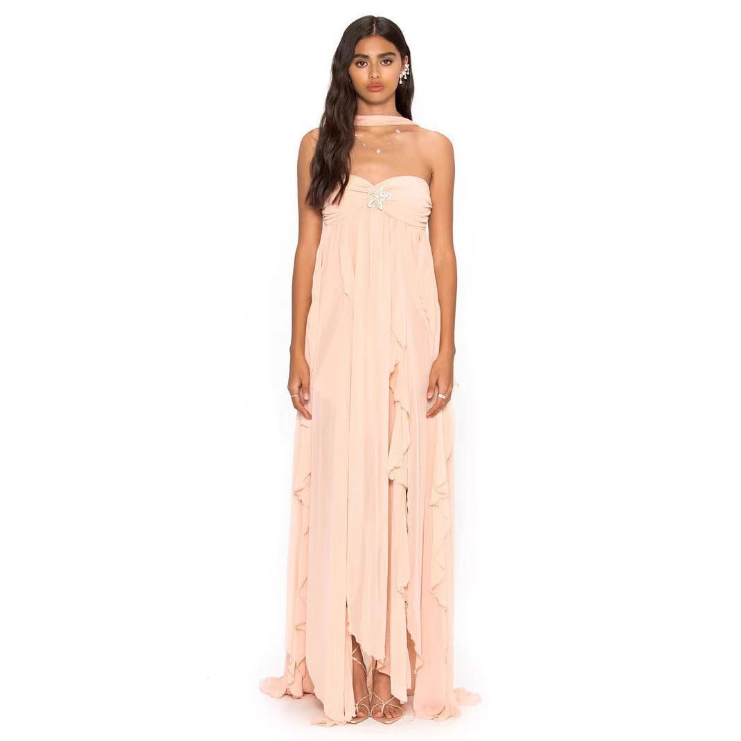 Damen Elegantes Maxi-Kleid mit asymmetrischem Saum und zarten Rüschendetails Drune