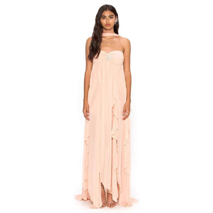 Damen Elegantes Maxi-Kleid mit asymmetrischem Saum und zarten Rüschendetails Drune