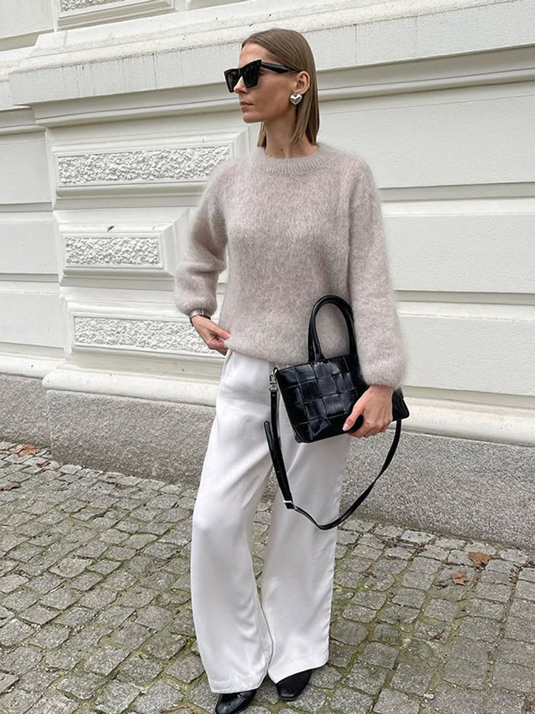 Damen lässiger Strickpullover mit voluminösen Ärmeln und hochwertiger Mohair-Optik Drune