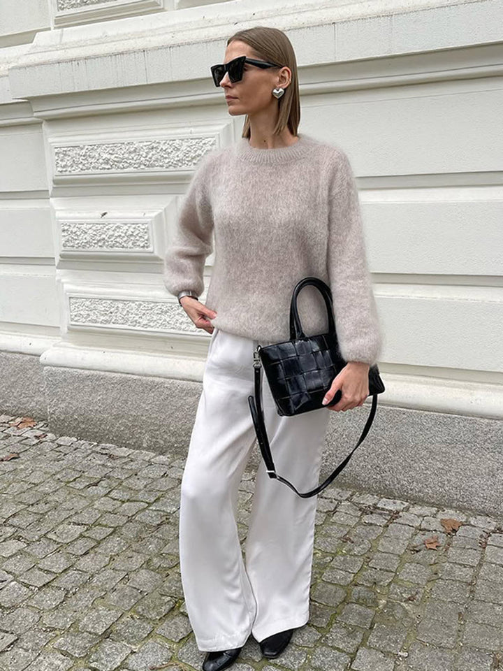 Damen lässiger Strickpullover mit voluminösen Ärmeln und hochwertiger Mohair-Optik Drune