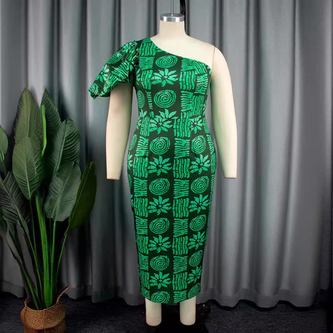 Damen körpernahe Midi-Kleid mit asymmetrischem Schnitt und voluminösen Puffärmeln Drune