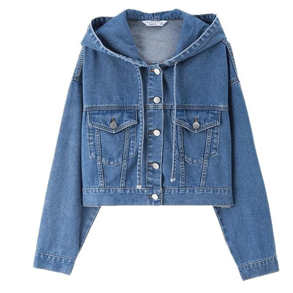 Damen modische Kurzjeansjacke mit Kapuze und praktischen Taschen Drune