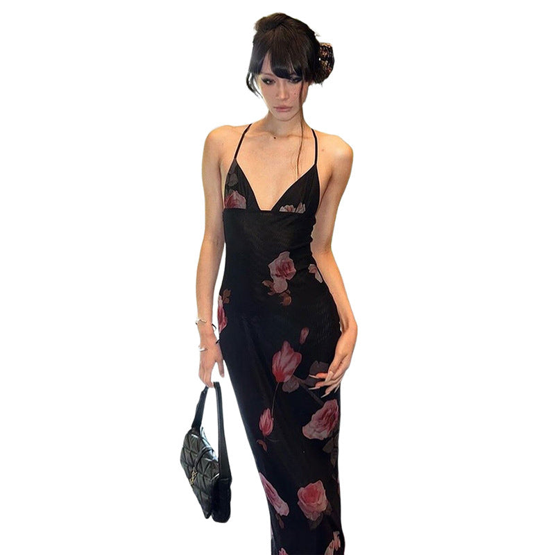 Damen Maxi Strandkleid mit floralem Mesh-Design und tiefem V-Ausschnitt Drune