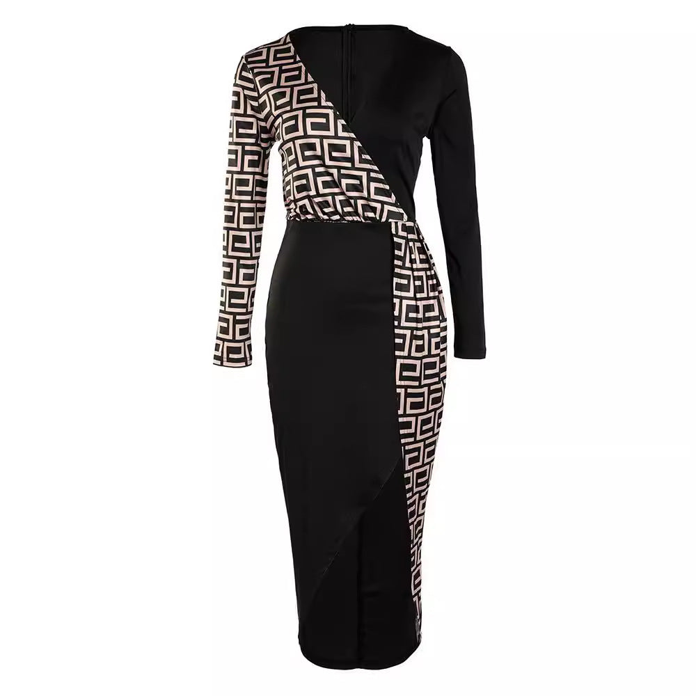Damen Figurnahes Wickelkleid mit grafischem Muster und hohem Schlitz Drune