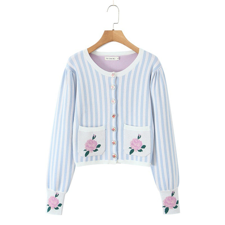 Damen kurzärmlige Strickjacke mit Blumenverzierung Drune